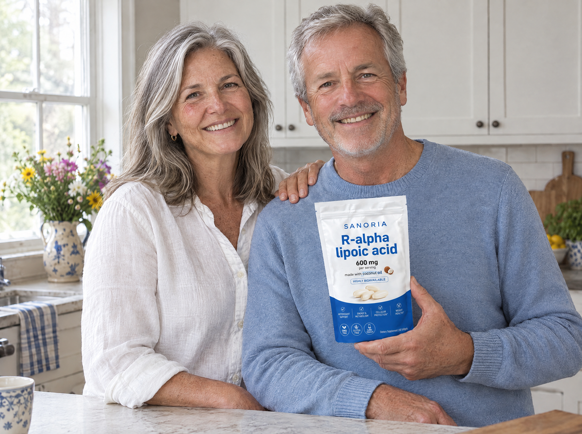 A smiling couple in their 60s in a bright kitchen, the husband holding a pouch of Sanoria R-alpha lipoic acid