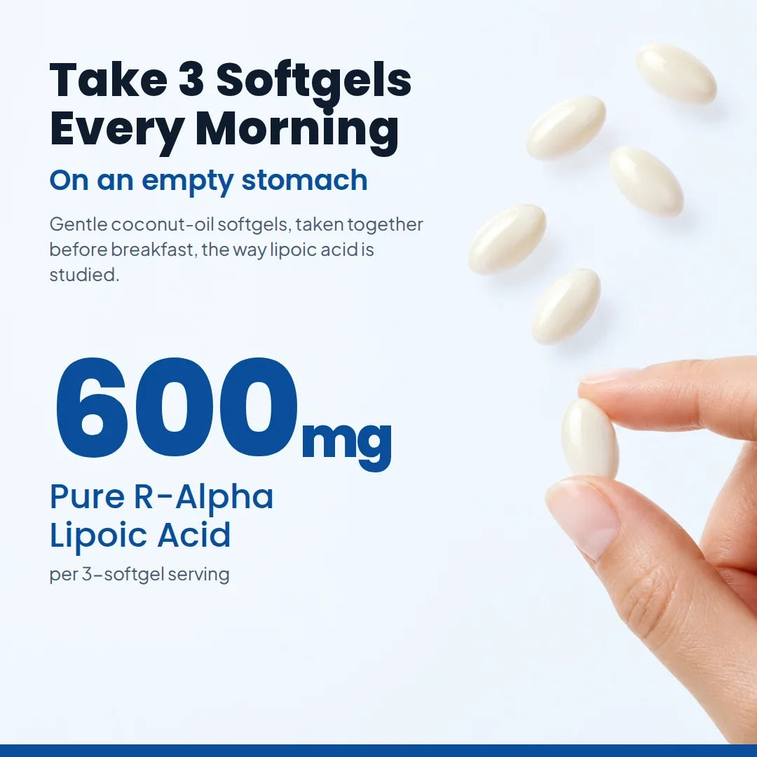 Take 3 softgels every morning on an empty stomach, 600 mg per serving