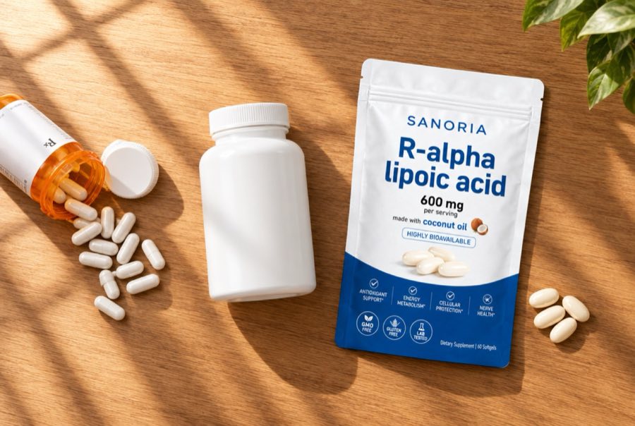 Flat-lay of a spilled prescription bottle, a plain supplement bottle and a Sanoria pouch on a wooden table