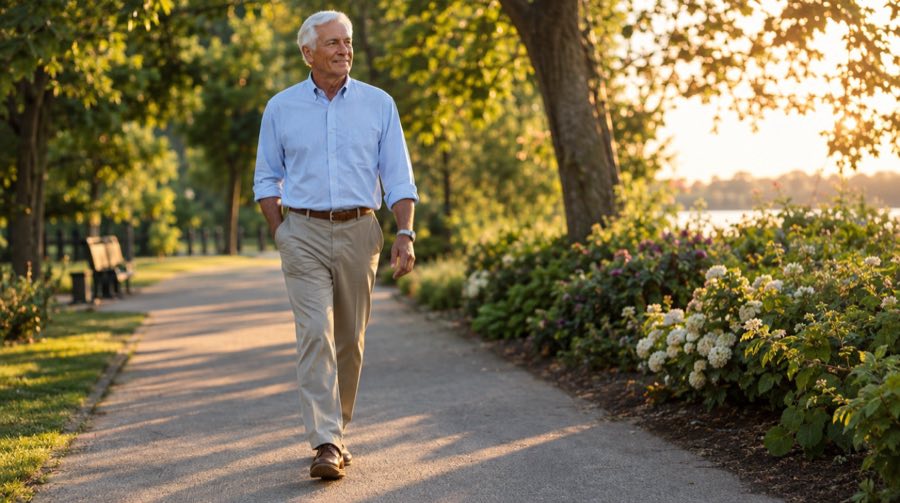 Man in his seventies walking on a tree-lined park path at golden hour