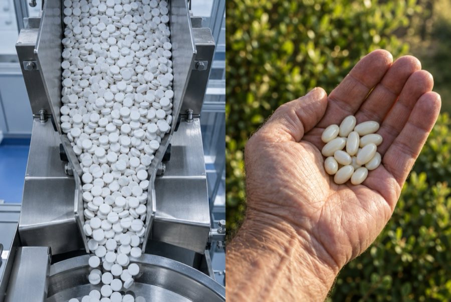 Split image: a factory chute of white tablets beside an open hand holding cream softgels in sunlight