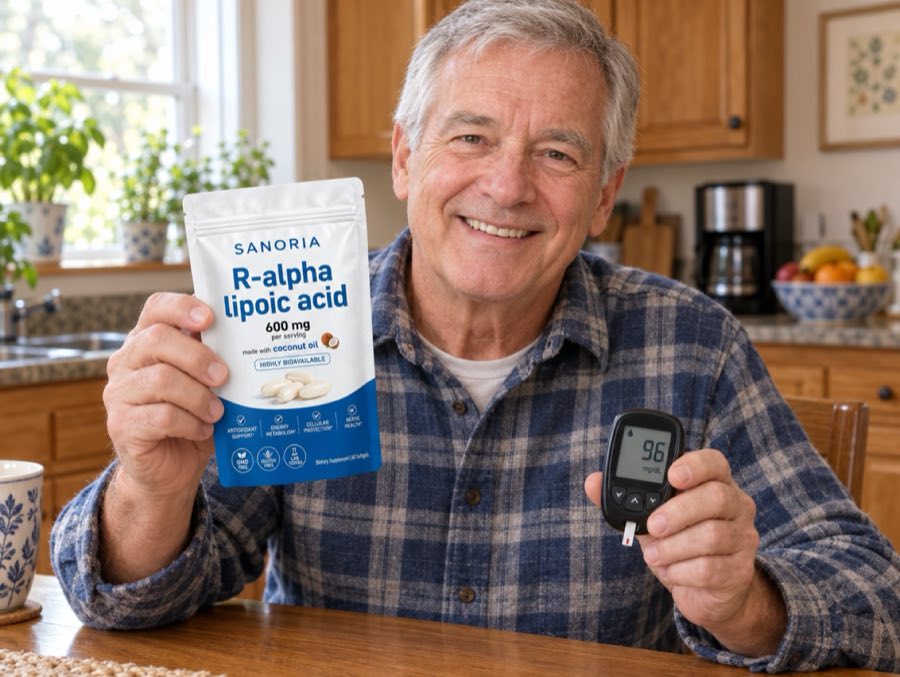 Man in his late sixties smiling in his kitchen, holding a pouch of Sanoria R-alpha lipoic acid and a glucose meter