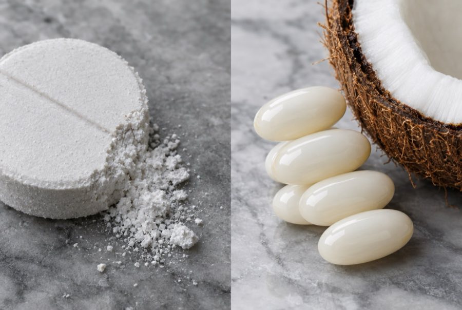 Macro comparison of a crumbling chalky tablet and glossy cream softgels next to a coconut