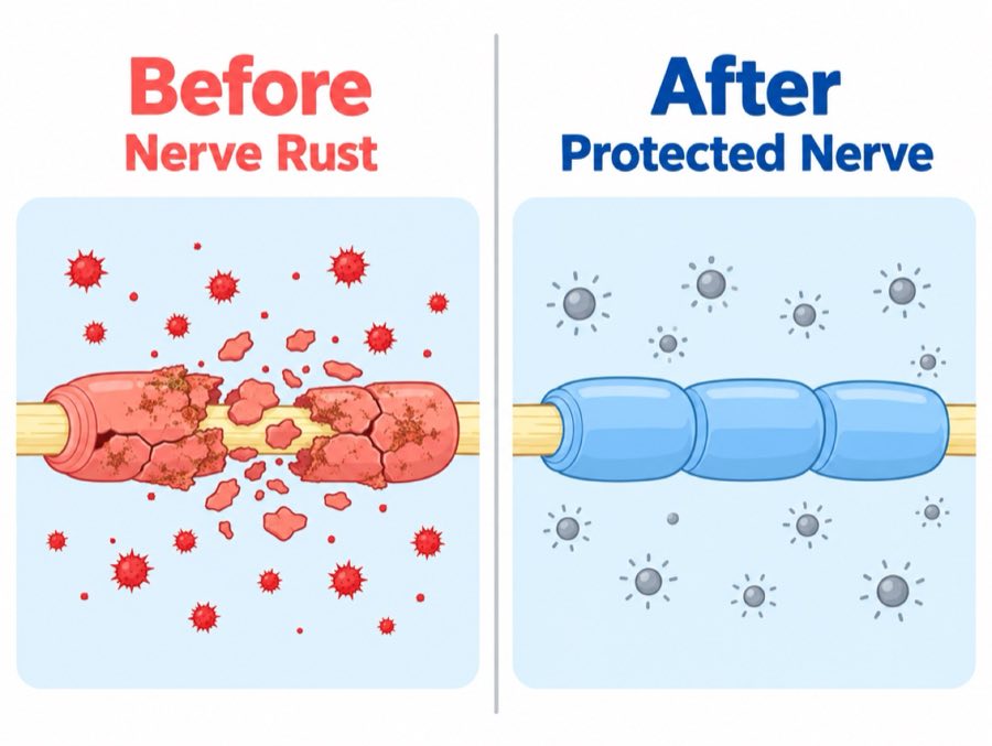 Illustration: a nerve fiber with a cracked, rusted coating labeled Nerve Rust, next to a smooth protected nerve fiber