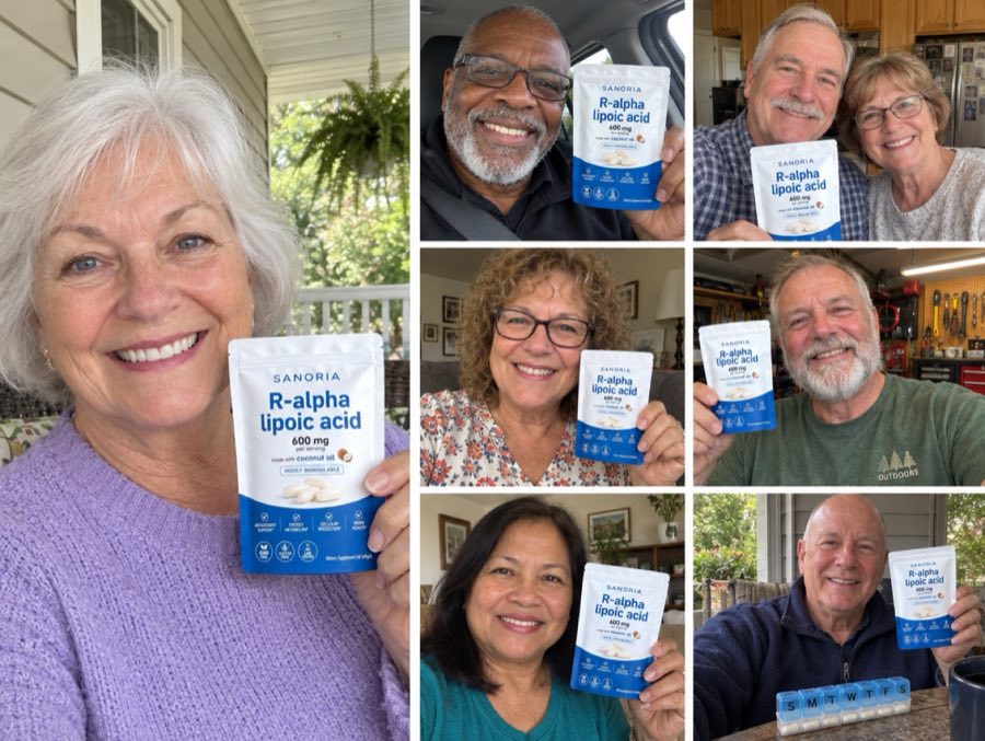 Collage of seven smiling adults over 60 holding Sanoria pouches