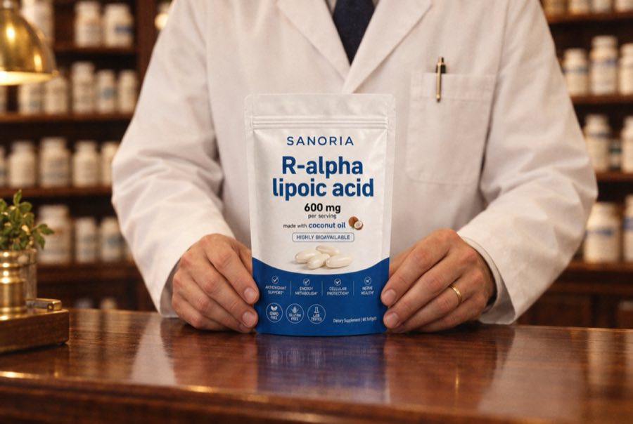 Pharmacist placing a Sanoria pouch on a wooden pharmacy counter